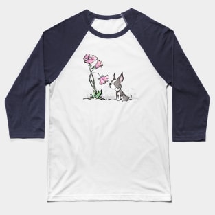 Boston Terrier Smelling Flowers (Color Version) Baseball T-Shirt